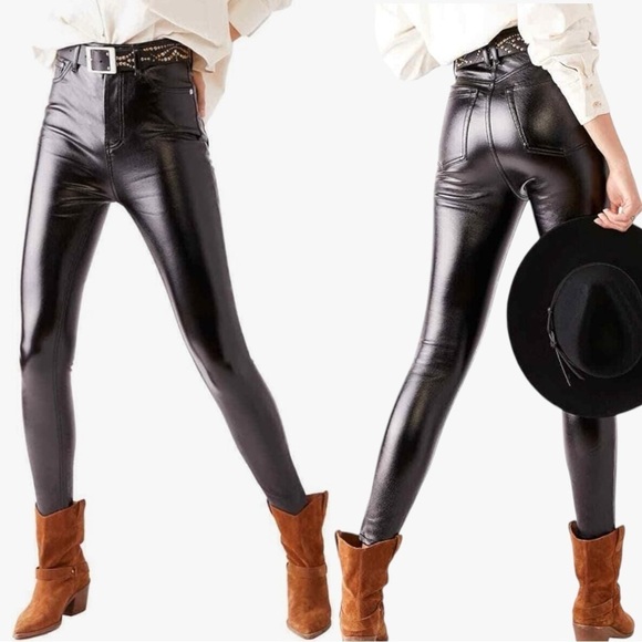 Free People Liquid Black Vinyl Jeans Size 31 Retro 70s Latex Shiny Goth Punk New - Picture 6 of 17